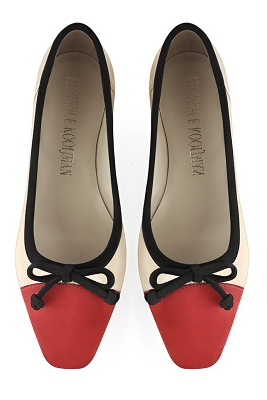 Scarlet red, gold and matt black women's ballet pumps, with low heels. Square toe. Flat flare heels. Top view - Florence KOOIJMAN